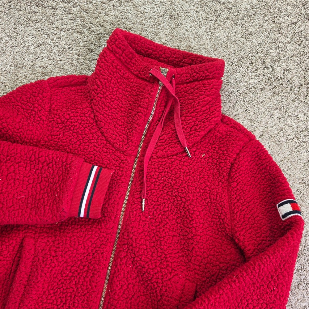 Tommy Hilfiger Sherpa Fleece Full Zip Jacket Womens Small Red Funnel Neck Logo